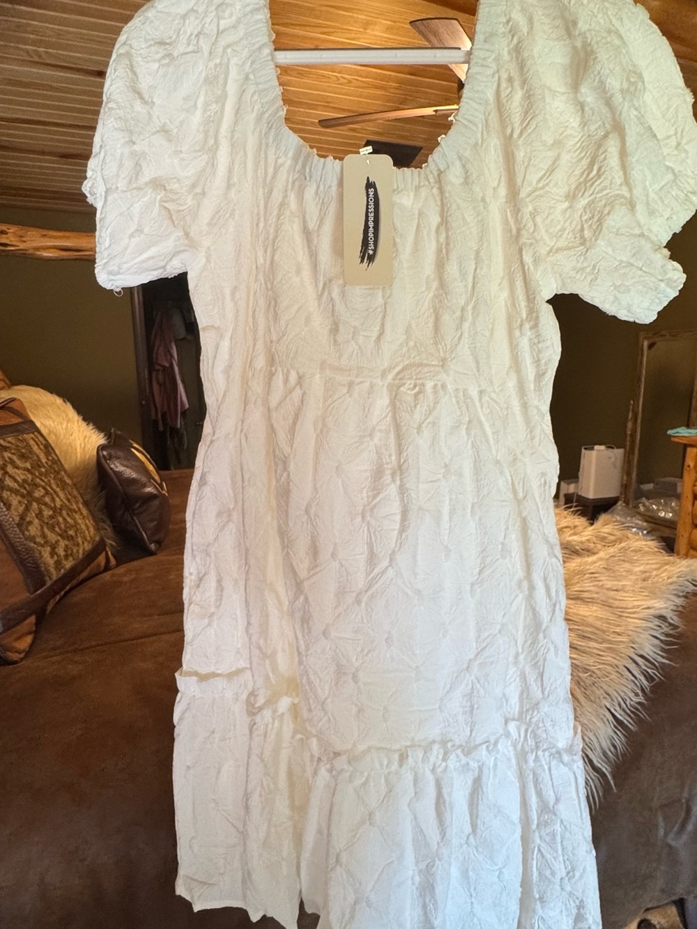 Impressions White Puff-Sleeve Tiered Midi Dress